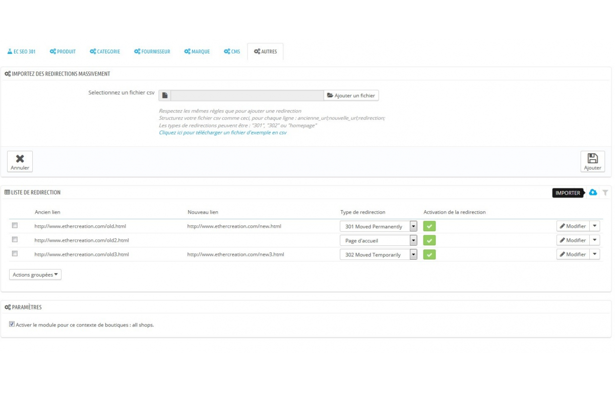 Module 301 SEO - redirection automatique de toutes vos 404 - Module Prestashop
